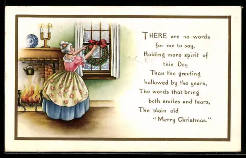 AK Frau hängt einen Weihnachtskranz an ihr Fenster