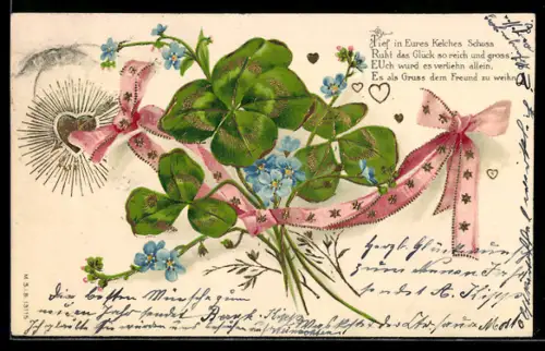 Präge-AK Kleeblätter mit schöner Schleife und einem goldenen Herzen