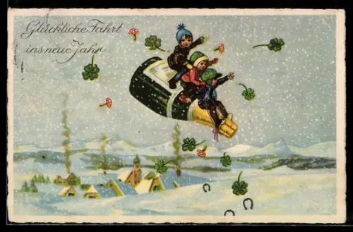 AK Kinder auf einer fliegenden Sektflasche streuen Klee, Pilze und Hufeisen, Neujahr