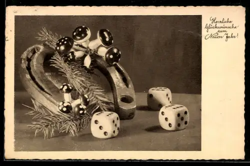 AK Neujahrsglückwunsch mit Würfeln, Hufeisen und Fliegenpilzen