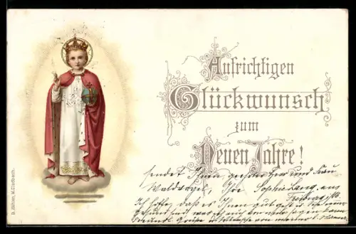AK Neujahrswunsch mit Kind, das die Hand zum Segen erhoben hat und eine Krone trägt