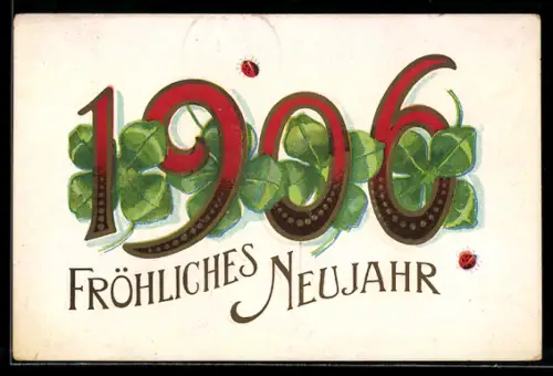 AK Neujahrswunsch mit Marienkäfern und Kleeblättern