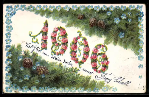 AK Rosen schmücken die Jahreszahl 1906, Prosit Neujahr