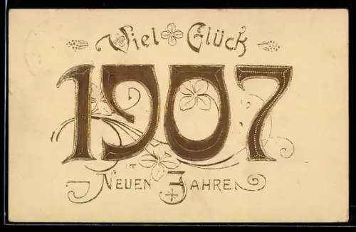 Präge-AK Neujahrsgruss mit goldenen Lettern und Kleeblättern