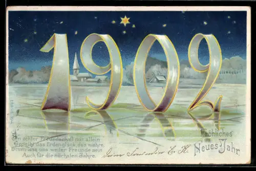 Lithographie Jahreszahl 1902 auf vereistem See, Fröhliches Neues Jahr