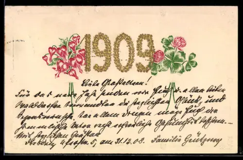 AK Neujahrsgruss mit goldener Jahreszahl und Blumenverzierungen