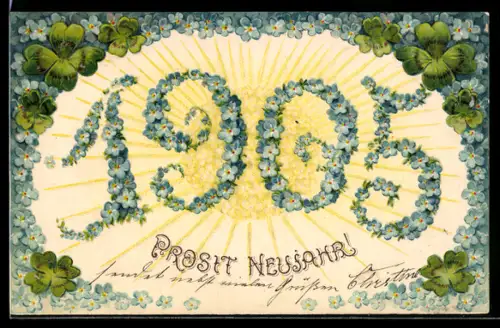 AK Jahreszahl 1906 aus Vergissmeinnicht umrahmt mit Kleeblättern