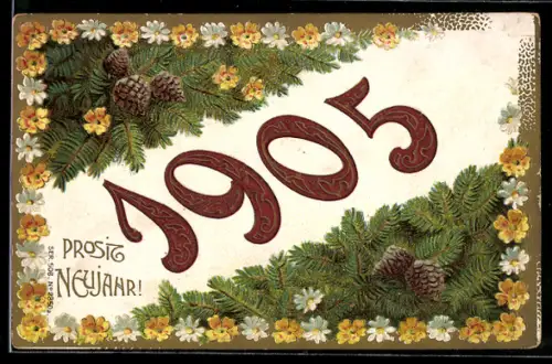 Präge-AK Neujahrsgruss mit gelben und weissen Blumen im Passepartout