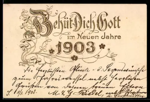 Präge-AK Neujahrsgruss in goldenen Lettern und Blumenverzierung