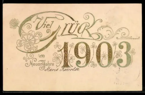 Präge-AK Neujahrsgruss in goldenen Lettern und Blumenverzierung