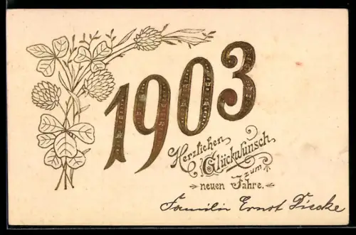 AK Neujahrsgruss in goldenen Zahlen und Blumenverzierung im Passepartout