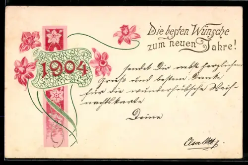 Präge-AK Neujahrsgruss mit Blumenverzierung