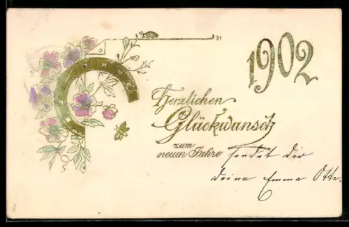 AK Neujahrsgruss mit Hufeisen und Blumenverzierung