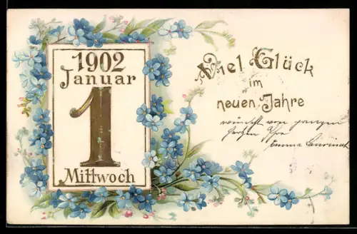 Präge-AK Neujahrsgruss mit Vergissmeinnicht geschmückt