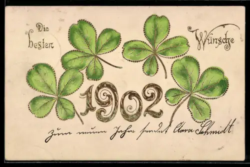 Lithographie Jahreszahl 1902 mit Kleeblättern