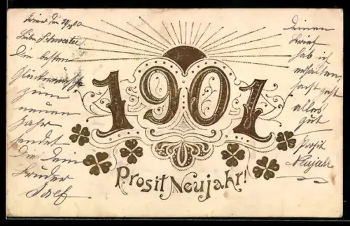 Präge-AK Neujahrsgruss mit Kleeblättern und aufgehender Sonne