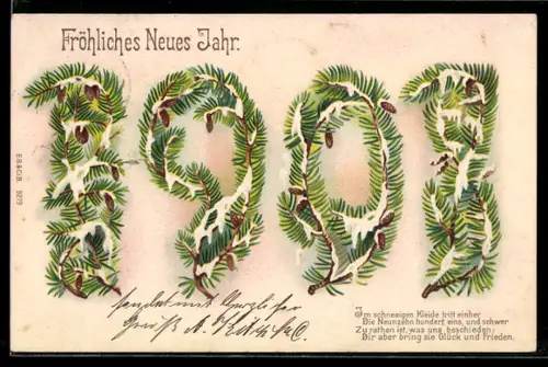 Glitzer-Perl-AK Jahreszahl 1908, Fröhliches Neues Jahr