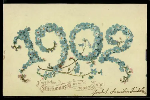 AK Neujahrsgruss mit den Zahlen aus Vergissmeinnicht geformt