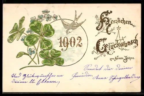 AK Jahreszahl 1902 mit Kleeblättern und Schwalbe
