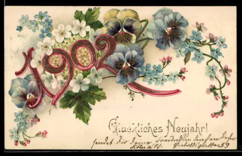 AK Jahreszahl 1902 mit Blumenschmuck aus weissen und blauen Blüten, Glückwünsche zum neuen Jahre