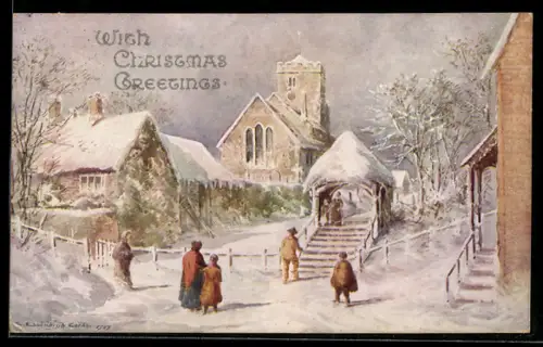 AK Weihnachtsgruss mit verschneiter Ortspartie und Kirche