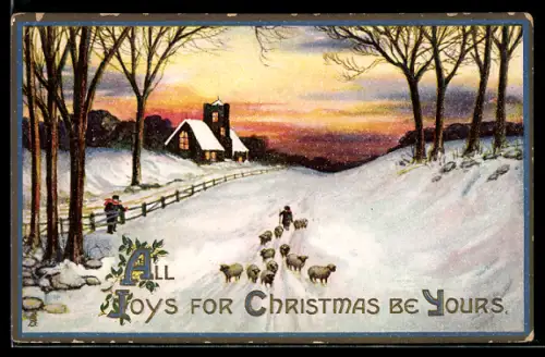 AK Weihnachtsgruss mit verschneiter Ortspartie und Schafen