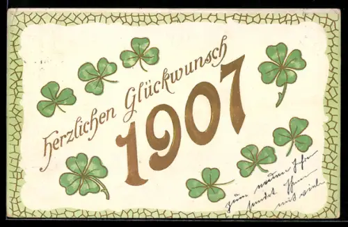 AK Neujahrsgruss mit goldenen Zahlen und Kleeblättern