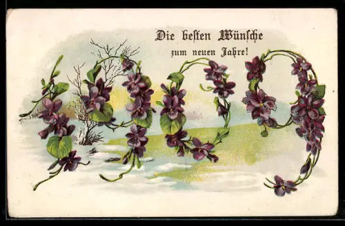 AK Neujahrsgruss mit aus lilafarbenen Blumen geformter Jahreszahl