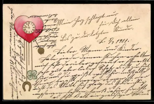 AK Glückwünsche mit herzförmiger Uhr, Hufeisen und Kleeblatt