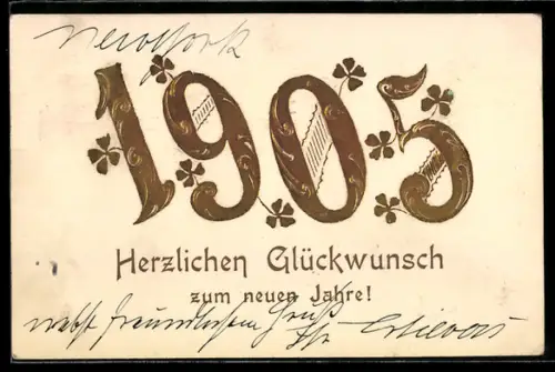 Präge-AK Neujahrsglückwunsch mit goldenen Zahlen und Kleeblättern