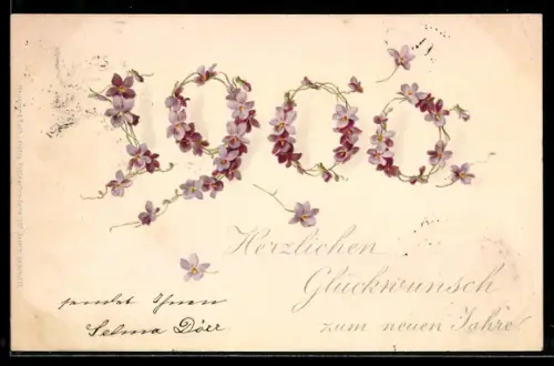 AK Neujahrsglückwunsch mit Jahreszahl aus lilafarbenen Blumen