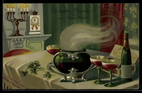 AK Neujahrsglückwünsche mit dampfendem Kessel, Kleeblättern und Weinflasche