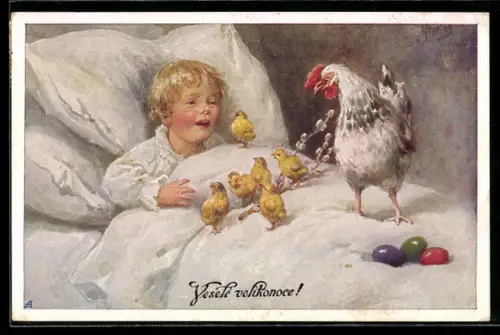 AK Osterküken mit Eiern auf dem Bett eines Jungen