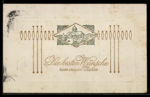 Präge-AK Neujahrsglückwünsche mit verschneiter Ortspartie