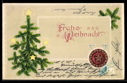 AK Weihnachtsgruss, Tannenbaum, Sterne, Wachssiegel