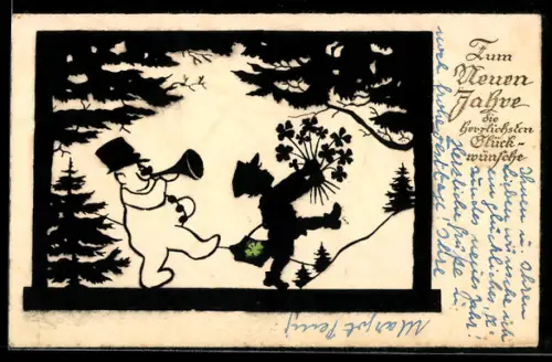 AK Neujahrsglückwunsch mit Schneemann und Trompete und Wanderer mit Kleeblättern