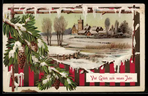 Präge-AK Neujahrsglückwunsch mit verschneiter Ortspartie