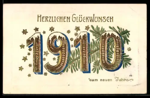 Präge-AK Neujahrsglückwunsch mit goldener Jahreszahl und Tannenzweig