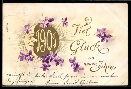 AK Neujahrsglückwunsch mit Veilchen und zufriedenem Mond