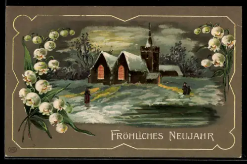 AK Kirche im Schnee, Maiglöckchen