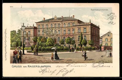 Lithographie Kaiserslautern, Bezirkskommando mit Strassenpartie