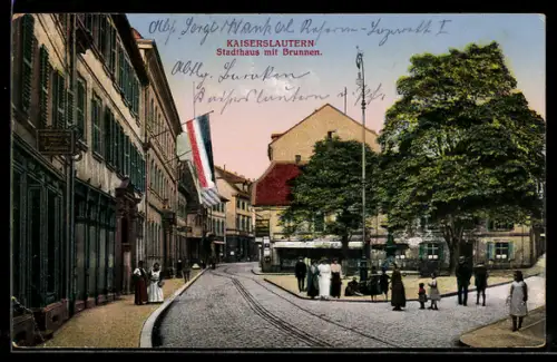 AK Kaiserslautern, Steinstrasse mit Stadthaus und Brunnen