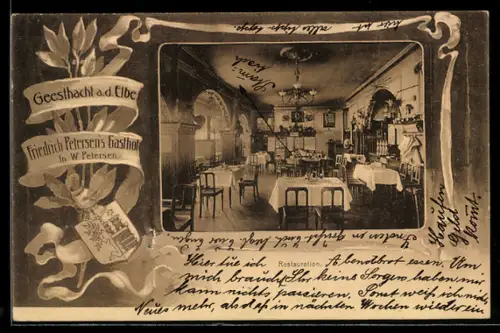 AK Geesthacht a. d. Elbe, Gasthof Friedrich Petersen, Restaurant, Innenansicht, Mistelzweig, Wappen, Passepartout