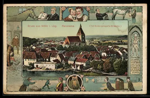 AK Mölln i. Lbg., Panorama, Till-Eulenspiegels-Streiche, Passepartout