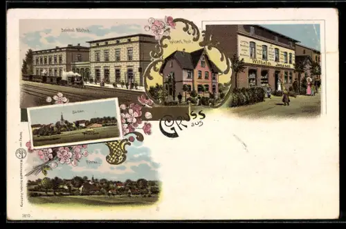 Lithographie Büchen, Bahnhof, Kaiserl. Post, Geschäft von Wilhelm Janssen