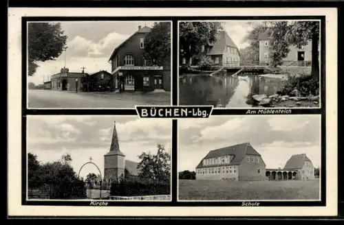 AK Büchen / Lbg., Blick auf Kirche, Schule und Mühlenteich