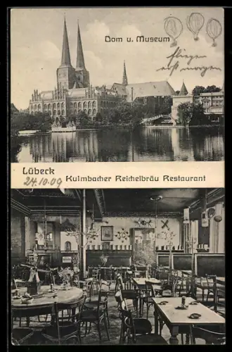 AK Lübeck, Kulmbacher Riechelbräu Restaurant, Innenansicht, Dom und Museum