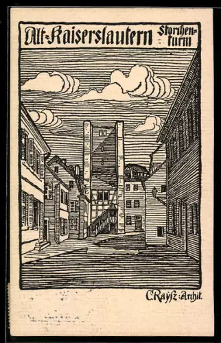 Künstler-AK Alt-Kaiserslautern, Storchenturm mit Strassenpartie