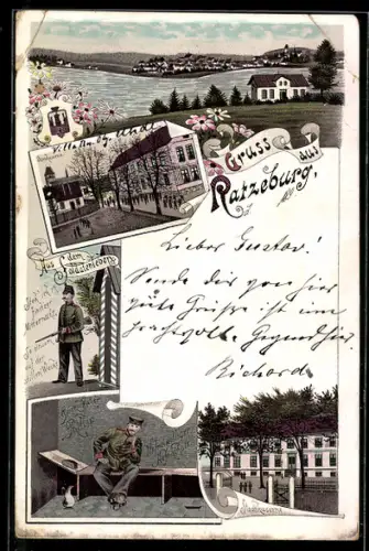 Lithographie Ratzeburg, Stadtkaserne, Domkaserne, Soldat in Uniform
