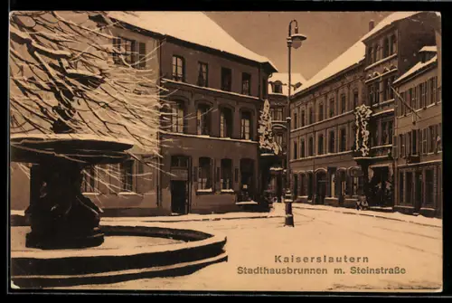 AK Kaiserslautern, Stadthausbrunnen mit Steinstrasse im Schnee